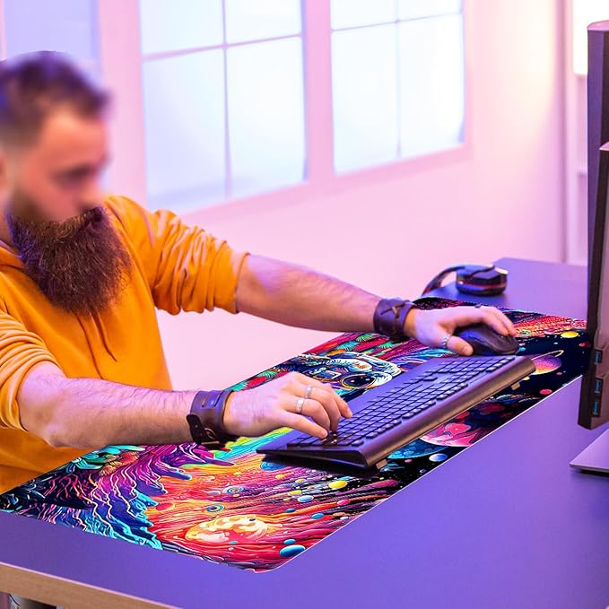 Cyberpunk Astronaut Mouse Pad Desk Mat Fantasy Planet Space Large Gaming Mouse Pad Anime Desk Pad Mousepad XXL Extended Keyboard Mat Futuristic Cosmic Adventure Mouse Mat, Waterproof, 31.5 x 15.7 in