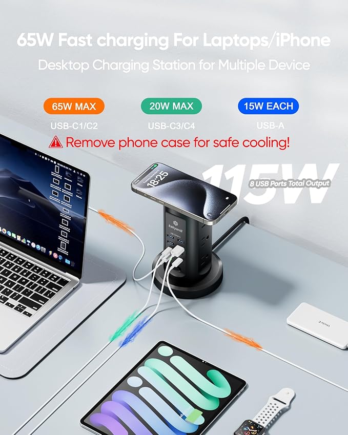 115W USB Charging Station, Surge Protector Power Strip Tower, 9 AC Outlets with 8 USB Ports(4 USB-C), 6Ft Flat Plug Retractable Extension Cord, for Home Office Dorm, Black