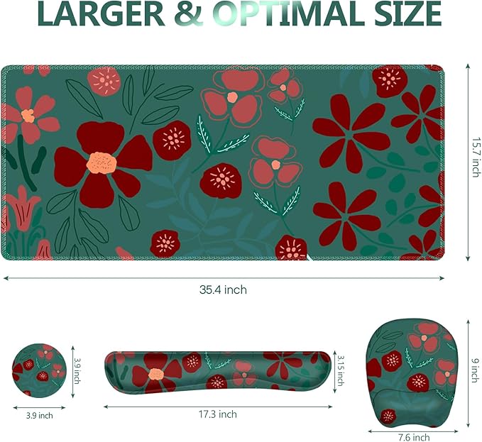 Large Mouse Pad with Wrist Support 4 in1 Set, XXL Big Game Mousepad + Keyboard Wrist Rest+Mouse Wrist Rest+Coaster Ergonomic Design Gaming Mat for Home Office Table Computer I Green Flowers