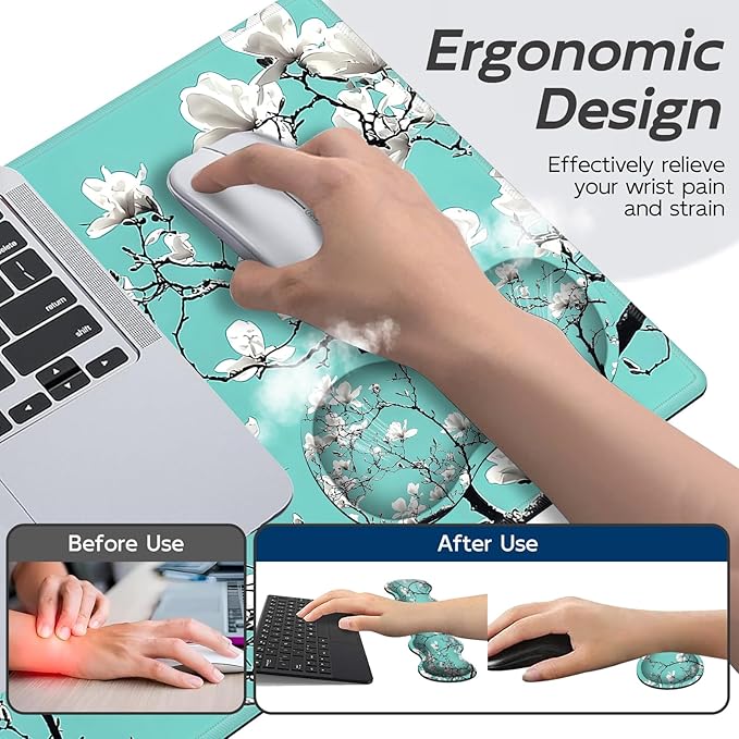 Gaming Mouse Pad Set, Frog Mushroom Large Desk Mat Mousepad, Keyboard Wrist Support, Mouse Wrist Rest, Coaster 4in1 Ergonomic Memory Foam, Non-Slip Stitched Edge for Home Office