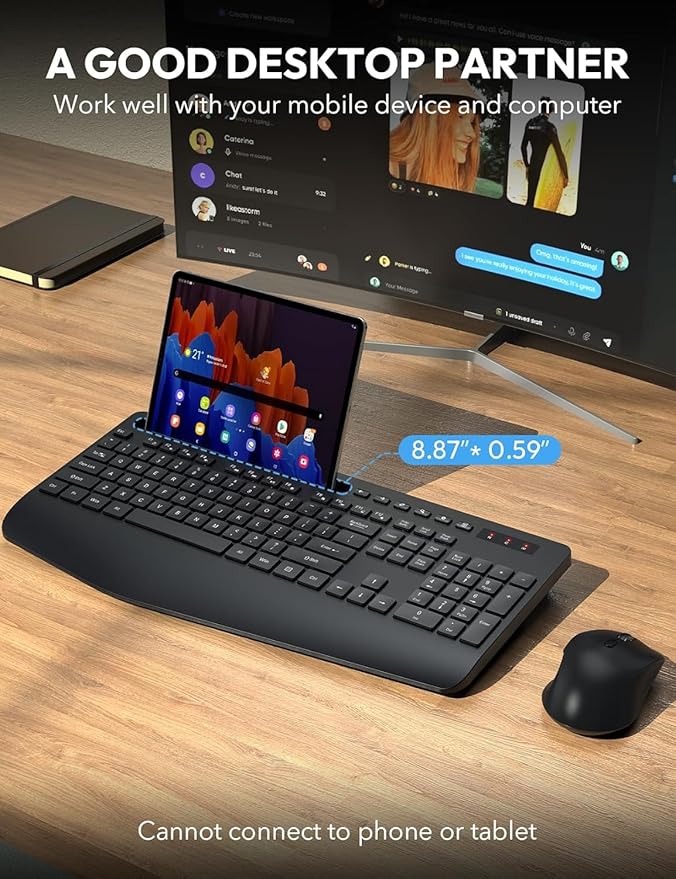 SABLUTE Wireless Keyboard and Mouse, Wrist Rest, Phone Holder, 2.4G Lag-Free Ergonomic Keyboards Mouse Combo, KM23D Silent Keyboard Cordless Set for Computer, Laptop, Windows (2 Pack)