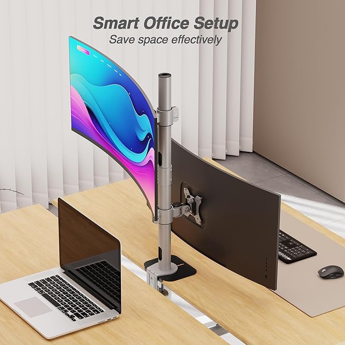 AVLT 38" Vertical Ultrawide Monitor Mount Gray Two Stacked 26.5 lbs Screens on Heavy-Duty Pole Save Workspace with Fine-Tune Height Tilt Swivel Rotate Adjustment C-clamp and Grommet Mounting Stand