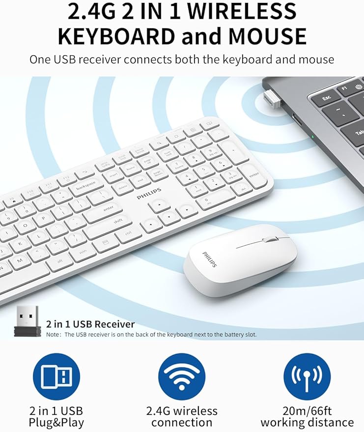 Philips Wireless Keyboard and Mouse Combo,2.4G 2 in 1 Receiver Cordless Full Size Keyboard and Mice,Ultra Slim and Quiet Keyboard & Ergonomic Mice for Windows XP/7/8/10,Mac OS X10.4 or Higher-White