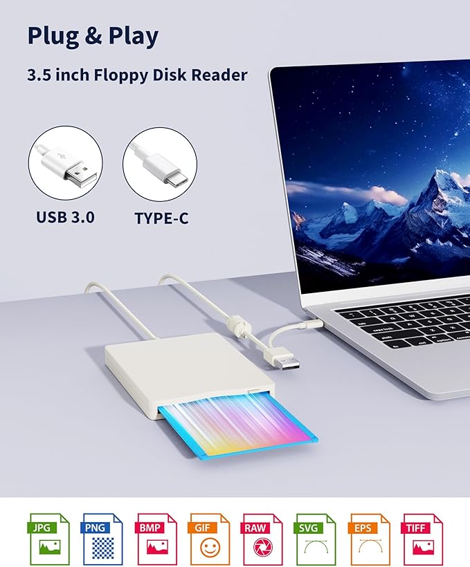 Floppy Disk Reader, 3.5 inch External Floppy Disk Drive with USB Type-C, Portable FDD Floppy Disk Drive for Laptop PC Windows 11/10/8/7/2000/XP
