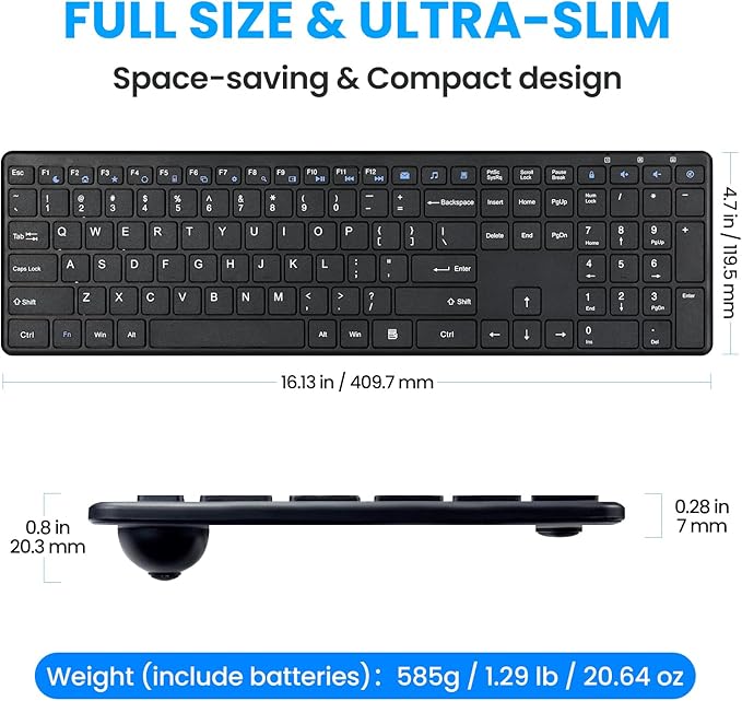 Wireless Keyboard-2.4G USB Ultra Slim Quiet Full Size Matte PC Computer Keyboard,19 Multimedia Keys,Number Pad,Plug&Play,Lag-Free Ergo,Long Battery Life for Desktop,Laptop,Smart TV,MAC,Windows,QWERTY