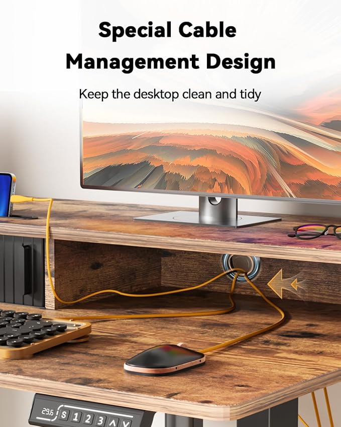 JOY worker Small Electric Standing Desk, 35" x 25" Height Adjustable Desk with Built-in Monitor Stand & Storage Drawer, Sit Stand Desk with 2 Hooks for Home Office, Rustic Brown