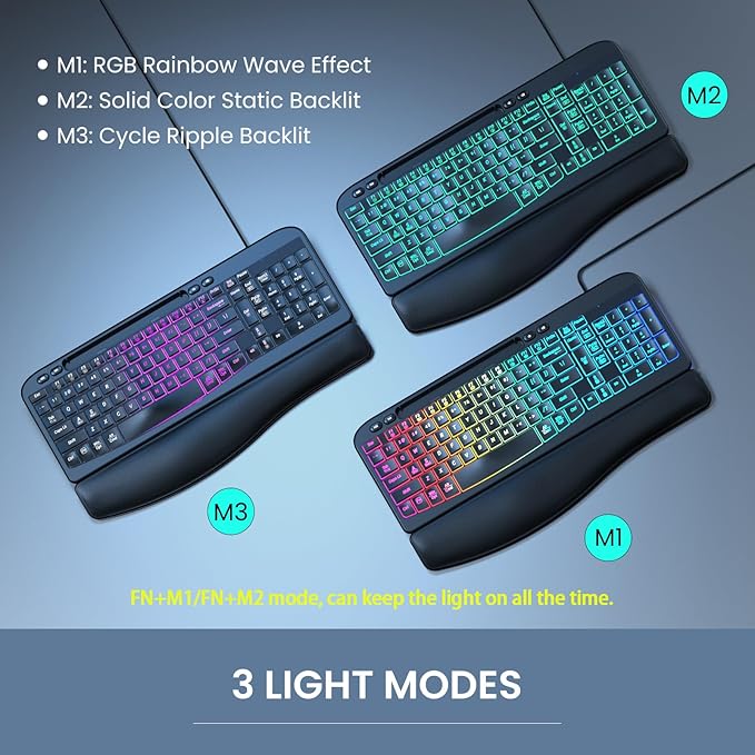VEILZOR Wired Ergonomic Keyboard, 7-Color Backlit USB Computer Keyboard with Wrist Rest, Wave Keys, Phone Holder, Lighted Keyboard Compatible with PC, Laptop, Windows, and Mac
