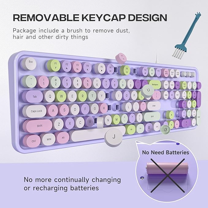 KNOWSQT Wired Computer Keyboard - Purple Colorful Retro Full Size Round Keycaps Plug and Play Typewriter Cute Keyboards for Windows, Laptop, PC, Desktop, Computer