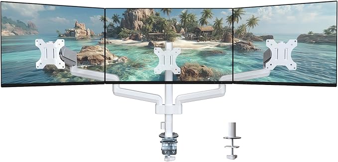 WALI Triple Monitor Mount for 13-32 inch Screens, Adjustable 3 Monitor Desk Mount with Swivel, Tilt, Clamp & Grommet Kit, Gas Spring Arm Triple Monitor Stand, VESA 75x75/100x100mm (GSDM003W), White