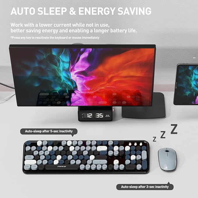 Cute Retro Wireless Keyboard and Mouse Combo with Round Key, 2.4Ghz Dropout-Free Connection, Typewriter Wireless Keyboard and Mouse Set for PC, Laptop, Desktop Computer - Grey Colorful