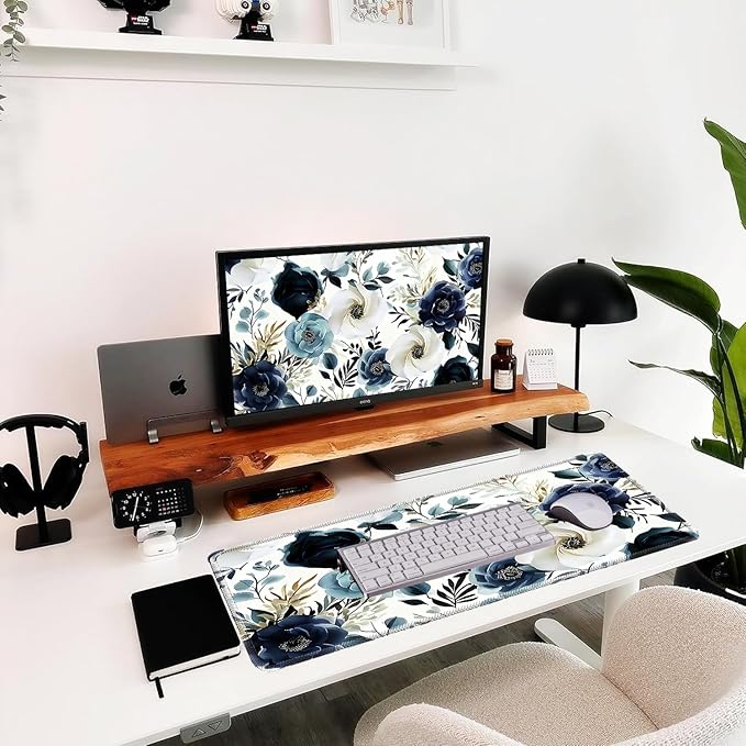 Blue Floral Peony Mouse Pad 31.5x11.8 Inch, Large White Flowers Desk Mat with Non-Slip Base, Micro-Woven Fabric, Stitched Edges for Office Computer