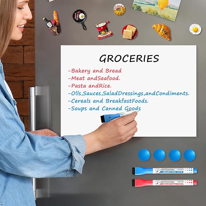 Magnetic Whiteboard for Fridge, 24" x 16" Dry Erase Board Set with Markers & Eraser, Strong Magnet & Stain-Resistant Surface, Fridge Calendar for Notes, Grocery List, Meal Planning & Family Schedule