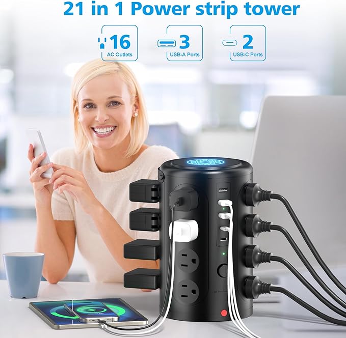 Surge Protector Power Strip,Desk Charging Station with 15W Wireless Charger, Multiple Outlets Charging Station with 16 AC Outlets & 5 USB (2 USB C) Port, for Home, Office, Dorm Room (10FT)