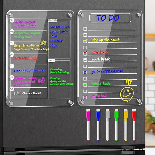 Magnetic Acrylic Weekly Planner and to Do List Set for Fridge – 8"×12" Clear Dry Erase Boards with 6 Markers, Reusable Fridge Whiteboard for Meal Planning, Chores, Office & Family Tasks