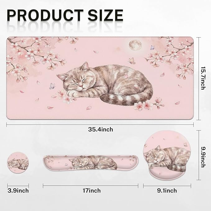 Arttown Cat Pink Floral Desk Mat Kawaii Mouse Pad Set 4 in 1 Ergonomic Design Large Mouse Pad + Keyboard Wrist Rest + Mouse Wrist Rest + Coaster Suitable for Home Office Study Game