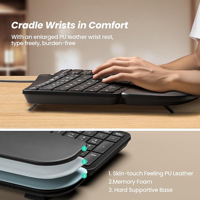 Nulea RT05C Wired Ergonomic Keyboard, Split Keyboard with Cushioned Wrist Rest, Adjustable Tilt Legs, Plug and Play, USB Corded, Compatible with Windows/Mac