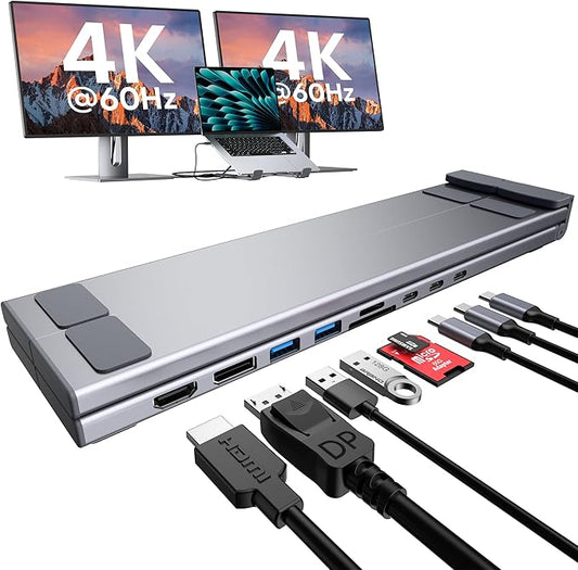 USB C Laptop Docking Station Stand Dual Monitor, Single 8K for Windows DP 1.4 or Dual 4K for Win and Mac, 9 in 1 USB C Hub with HDMI+DP, 2*USB 3.0, PD 100W, USB C 3.0, SD/TF, Universal Dock Station
