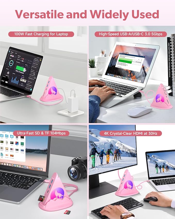 USB C Hub, Pink 8-in-1 Type C Multiport Adapter with 4K@30Hz HDMI, 100W PD, 5Gbps 1xUSB-C, 3xUSB-A 3.0, SD/TF Slots ＆ RGB Lighting, Pink USB Hub for MacBook Air/Pro, iPad, iMac, Surface, XPS