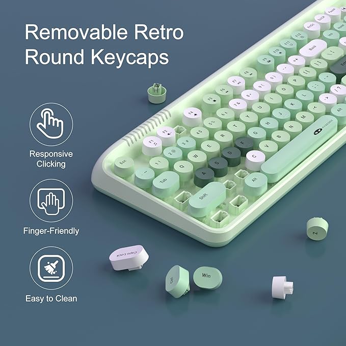 MageGee V920 Wireless Keyboard and Mouse Combo, 2.4G Full-Sized Retro Typewriter Keyboard with Round Keycaps & Auto-Sleep Mode, Cute Computer Keyboard and Cordless Optical Mouse for Laptop/PC (Green)