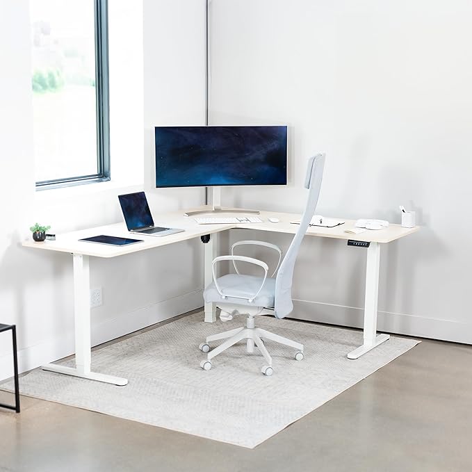 VIVO Corner Standing Desk, 75 x 63 inch Reversible L-Shaped Workstation, Electric Height Adjustment, Home, Office, and Reception Rooms, Light Wood Table Top White Frame, DESK-E3CTC-75