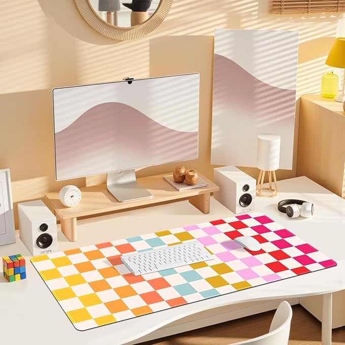 Desk Mat for Keyboard and Mouse, Non-Slip Large Mouse Pad Keyboard Pad, Computer Mats for Desktop, Cute Desk Pad with Stitched Edges for Office, Gaming I Rainbow Checkerboard