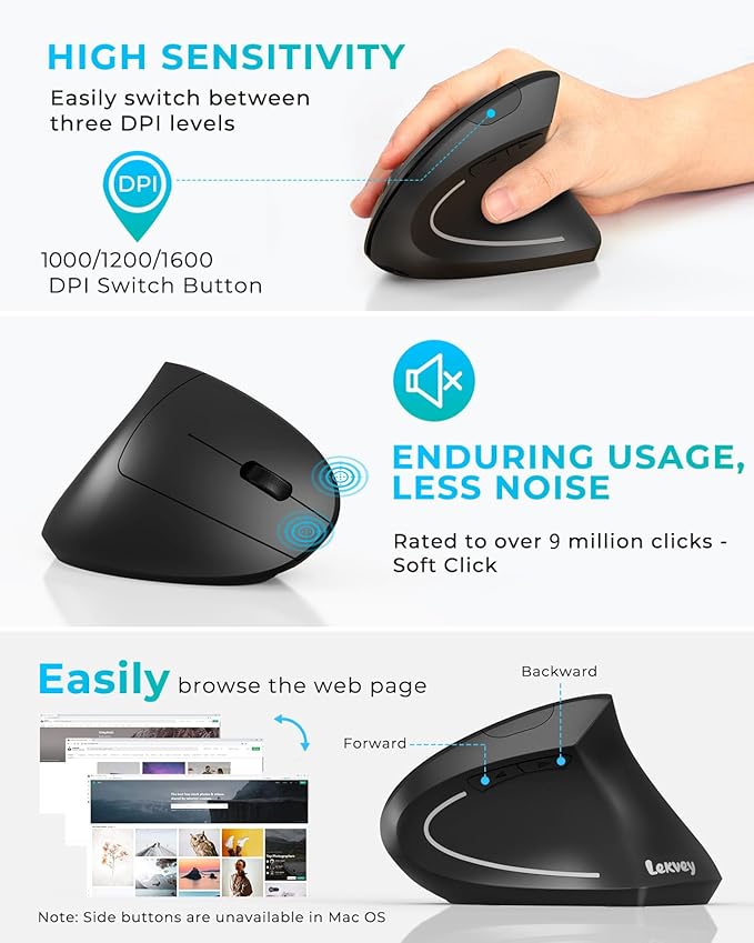 Lekvey Ergonomic Mouse, Vertical Wireless Mouse: Rechargeable Optical Carpal Tunnel Mice with 2.4G USB Receiver, 1000/1200/1600 DPI, 6 Buttons, for Laptop, Computer, Mac, PC, Desktop, Notebook, Black
