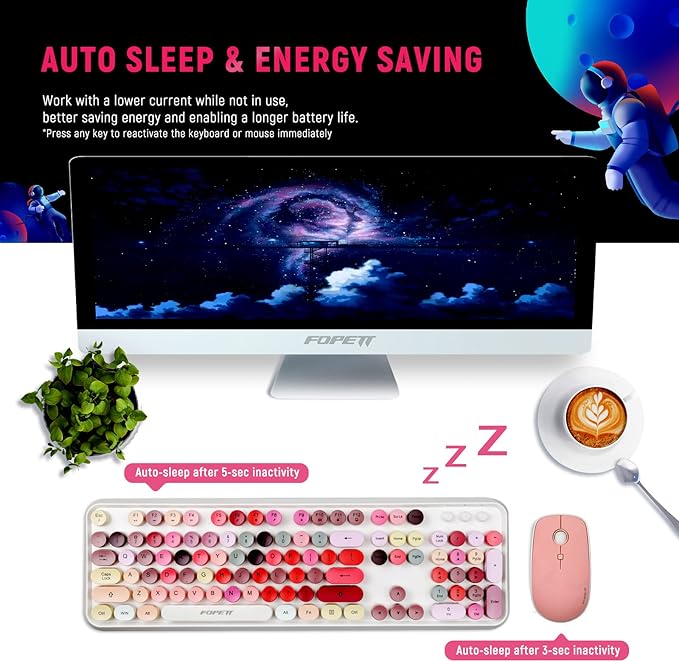 Wireless Keyboard and Mouse Combo - Cute Colorful Keyboard and Mouse, Retro Typewriter Keyboard with 2.4GHz Plug & Play, for Windows 11/10/7, Laptop, PC (White Color)
