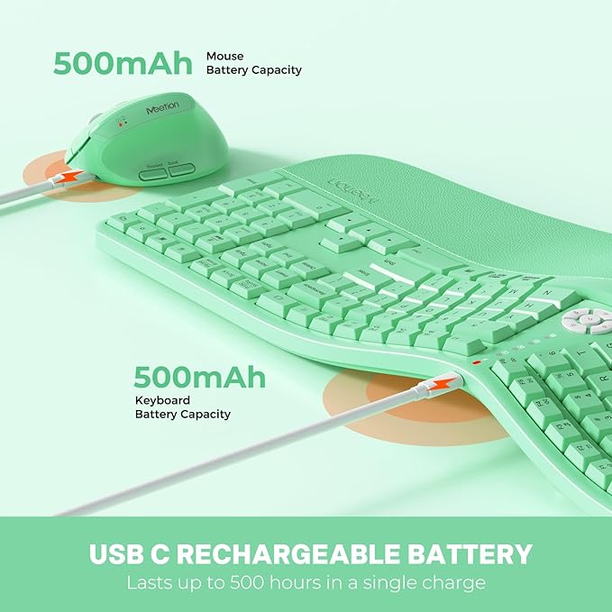 MEETION Ergonomic Keyboard and Mouse, Ergo Wireless Keyboard with Vertical Mouse, Split Curved Keyboard with Wrist Rest, Full Size Natural Typing, Windows/Mac/Computer/Laptop, Green