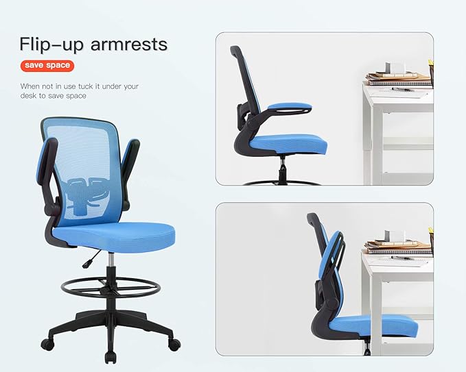 BestOffice Drafting Chair Tall Office Chair Adjustable Height with Lumbar Support Arms Footrest Mid Back Standing Desk Chair Swivel Rolling Mesh Computer Chair Standing Desk Drafting Stool Blue