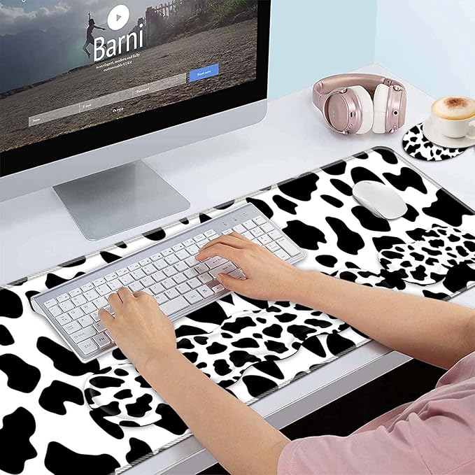 Keyboard Wrist Rest and Mouse Pad Wrist Support Set,Ergonomic Memory Foam Wrist Pad & Non Slip Base for Home Office Working Studying Easy Typing,Cow Pattern