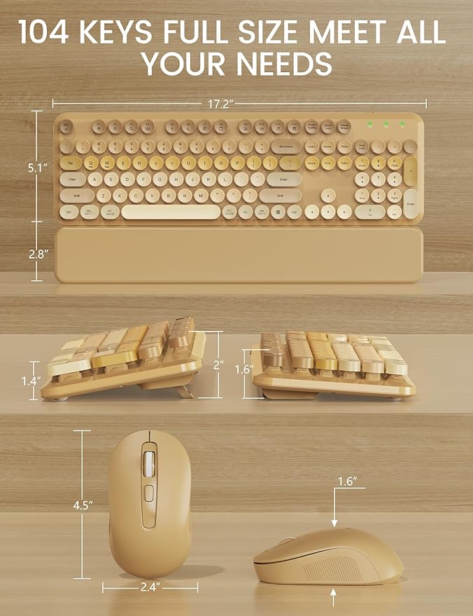 Wireless Keyboard and Mouse Combo, Typewriter Keyboard with Detachable Wrist Rest, Full-Size Retro Round Keycaps, Smart-Sleep, 2.4GHz Stable Connection for Mac/Windows/PC, Trueque (Ombre Latte Beige)