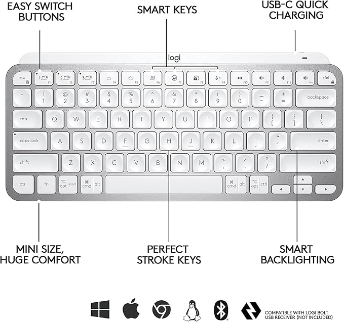 Logitech MX Keys Mini Minimalist Wireless Illuminated Keyboard, Compact, Bluetooth, Backlit, USB-C, Compatible with Apple macOS, iOS, Windows, Linux, Android, Metal Build - Pale Gray (Renewed)