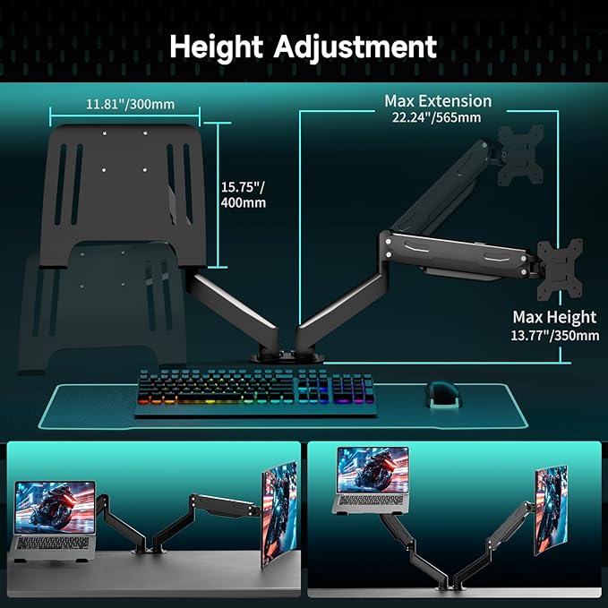 Pholiten Monitor and Laptop Mount for Max 32” Screen and 17” Notebook, Dual Monitor Mount Holds up to 22lbs,Laptop Tray Stand with Gas Spring Arm