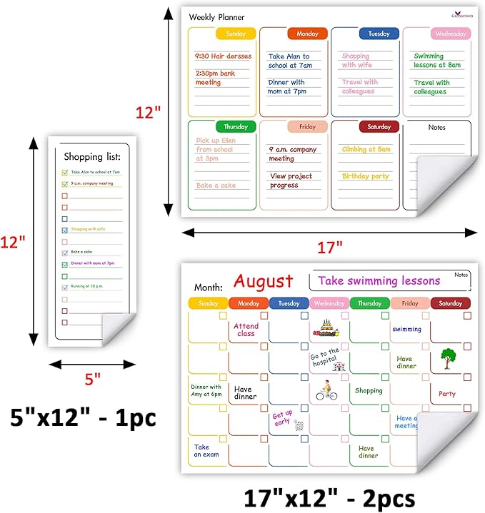 3-Piece Re-stickable Whiteboard Planner Set, Dry Erase Monthly Calendar, Weekly Planner, Shopping List, and 6 Colorful Markers with Erasers, Fridge or Wall Organizer and Scheduler for Home or Office