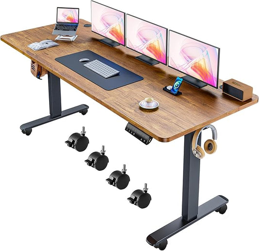 Electric Adjustable Standing Desk, 70'' x 27''Sit Stand Table with Dual Crossbeam Structure and Oversized Mouse Pad, 27''-45'' Lifting Range Stand up Desk(Brown)
