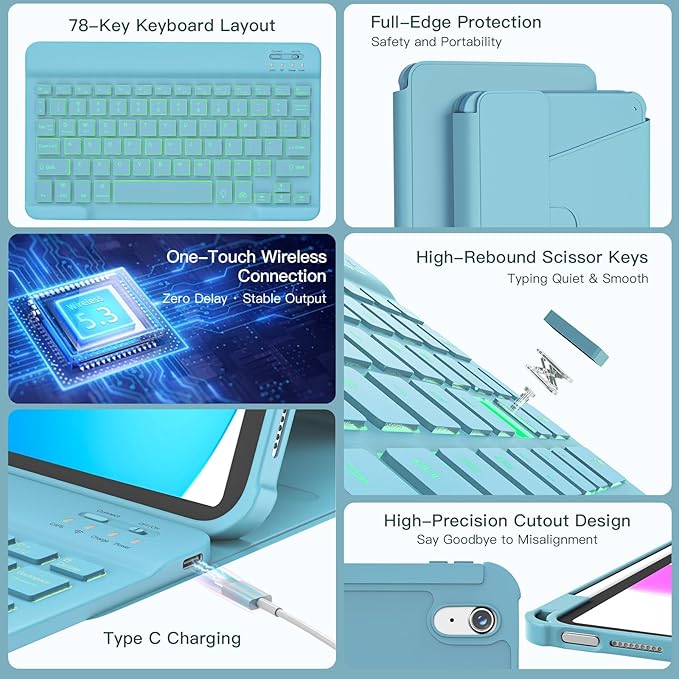 for iPad 11th(A16, 2025)/10th Generation Case with Keyboard, 360° Rotatable Case & Detachable Backlit Keyboard, Precision Cutouts and Pen Holder for iPad A16 11''/10th 10.9'', Light Blue