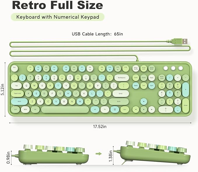 Computer Keyboard Wired, Plug Play USB Retro Round Typewriter Keyboard, Full Size Wired Keyboard with Foldable Stands for Laptop and Office PC - Green Colorful