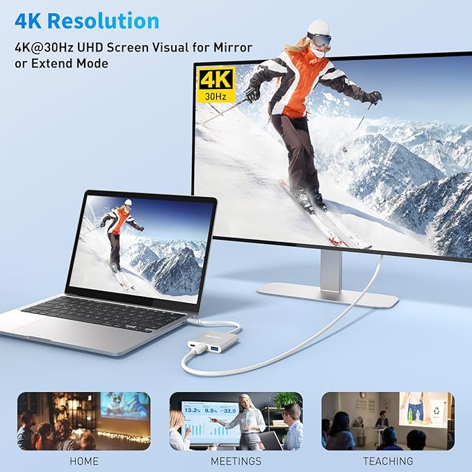 USB C to HDMI Adapter, 3-in-1 USBC Digital AV Multiport Adapter, USB Type C Converter to 4K@30Hz HDMI, USB 3.0, 100W PD for MacBook Pro/Air,iPad Pro Chromebook,Acer,HP,Dell,Surface,Samsung