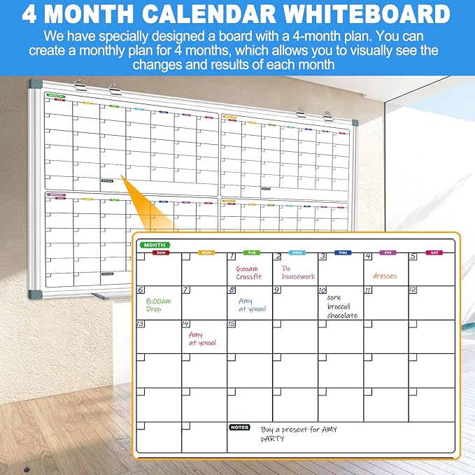 Magnetic Large Calendar Whiteboard for Wall 72" x 40", 4 Month Dry Erase Board Calendar for Wall Mounted Board, Big White Boards for Wall, Office White Board Planning Board for School, Home