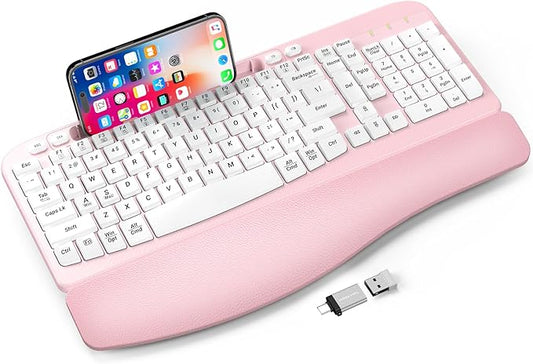 Ergonomic Wireless Keyboard with Cushioned Wrist Rest, Wave Keys, Phone Holder, Comfortable Natural Typing, 2.4GHz Full Size Cordless USB Computer Keyboard for Windows, Mac OS, Laptop, PC (Pink)
