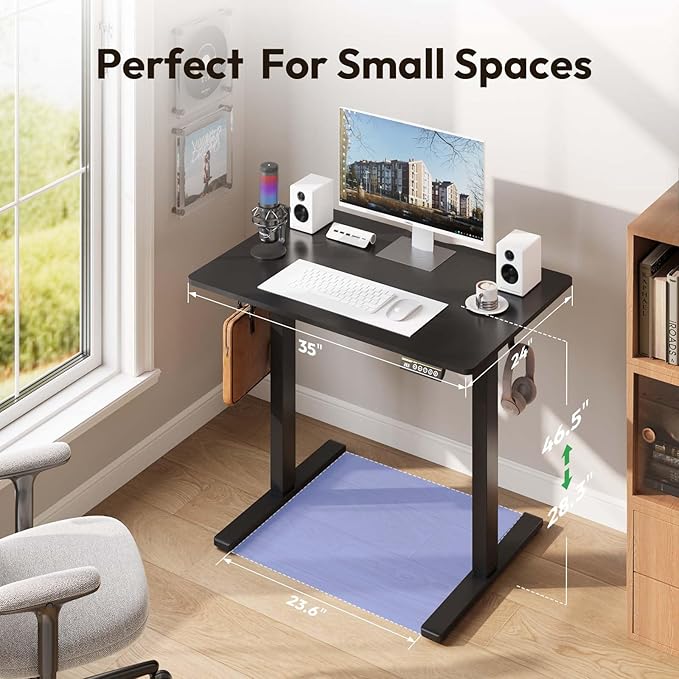 Electric Standing Desk,35x24 Inches Adjustable Height Stand up Desk, Sit Stand Home Office Desk with Splice Board, 3 Preset Heights,Equipped with Hooks,Ergonomic Computer Desk Workstation，Black