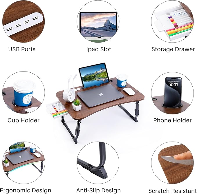 Laptop Desk for Bed, Height Adjustable Laptop Bed Table, Foldable Portable Lap Desk Stand with USB/Storage Drawer/Cup Holder/Slot, Breakfast Tray for Working Reading Writing Eating