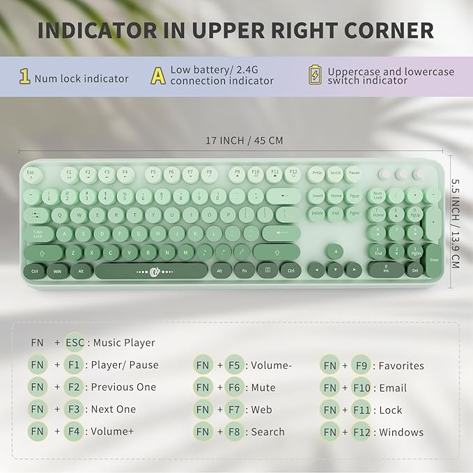 Wireless Keyboard and Mouse | Cute Colorful Keyboard and Mouse with 2.4GHz Cordless Retro Typewriter Keyboard | Auto-Sleep | USB Receiver for Windows PC/Laptop - Green Gradient