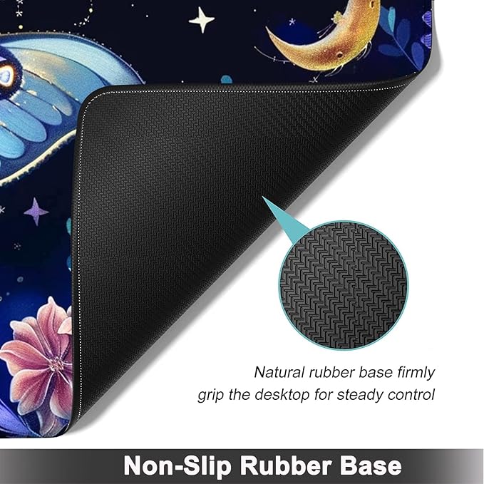 Large Mouse pad and Keyboard Support Set, Ergonomic Memory Foam Keyboard Wrist Rest, Extended Gaming Mouse Pad with Stitched Edges, Blue-Purple Moths and Moon Flowers XXL Desk Mat