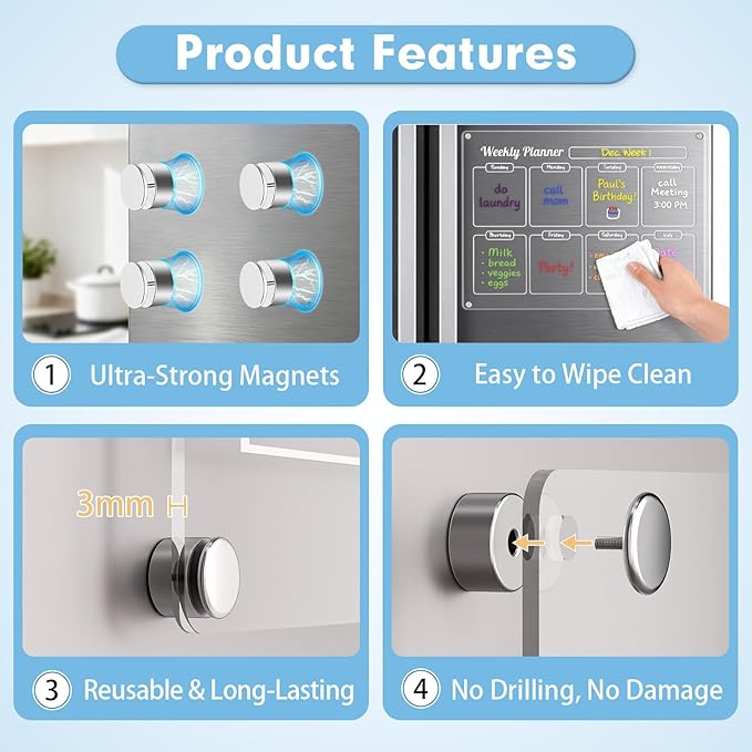 Grtard Acrylic Fridge Calendar Dry Erase Board for Fridge, 2 Pack Acrylic Calendar for Fridges, 16''x12'' Monthly & Blank Clear Magnetic Calendar White Board for Refrigerator with 8 Colorful Markers