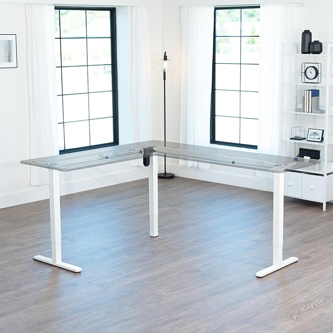 VIVO Large Electric Single Motor Height Adjustable 3-Leg CornerStanding Desk Frame, Holds up to 225 lbs, Sit Stand L-Shaped Motorized Legs Only, White, DESK-E375W
