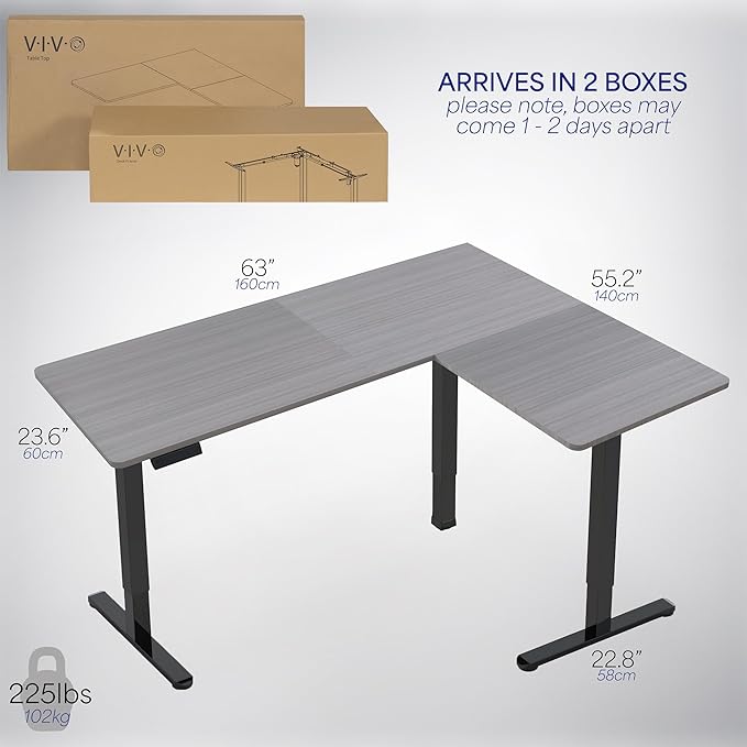 VIVO Corner Standing Desk, 63 x 55 inch Reversible L-Shaped Workstation, Electric Height Adjustment, Home, Office, and Reception Rooms, Dark Gray Table Top Black Frame, DESK-E3CTG