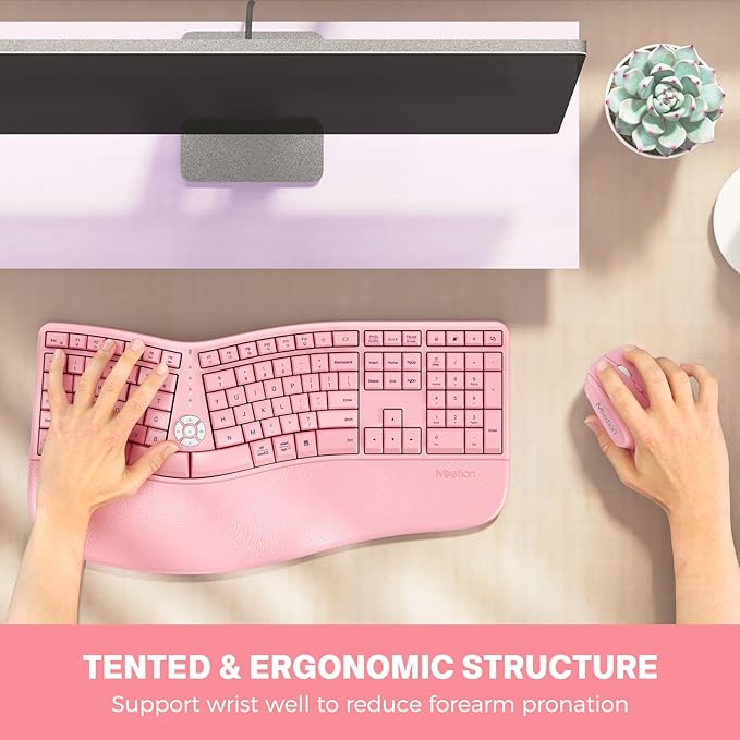 MEETION Ergonomic Keyboard and Mouse Combo, 2.4G Cordless Split Keyboard with Cushioned Palm Rest, Vertical Wireless Mouse, Natural Typing Full Size Keyboard, for Windows/Mac Pink