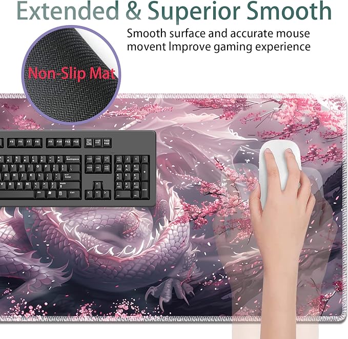 Large Gaming Mouse Pad + Keyboard Wrist Rest + Wrist Support + Coaster Set, Memory Foam Ergonomic for Easy Typing, XXL Extended Gaming Mouse Pad Table Pad - Cherry Pink Dragon