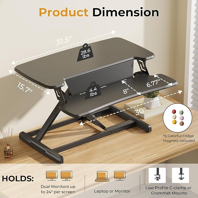 JOY worker Standing Desk Converter, 32" Height Adjustable Sit Stand Up Desk Riser with Keyboard Tray & 6 Fridge Magnets, Desktop Workstation Riser for Home Office Computer Laptop, Black
